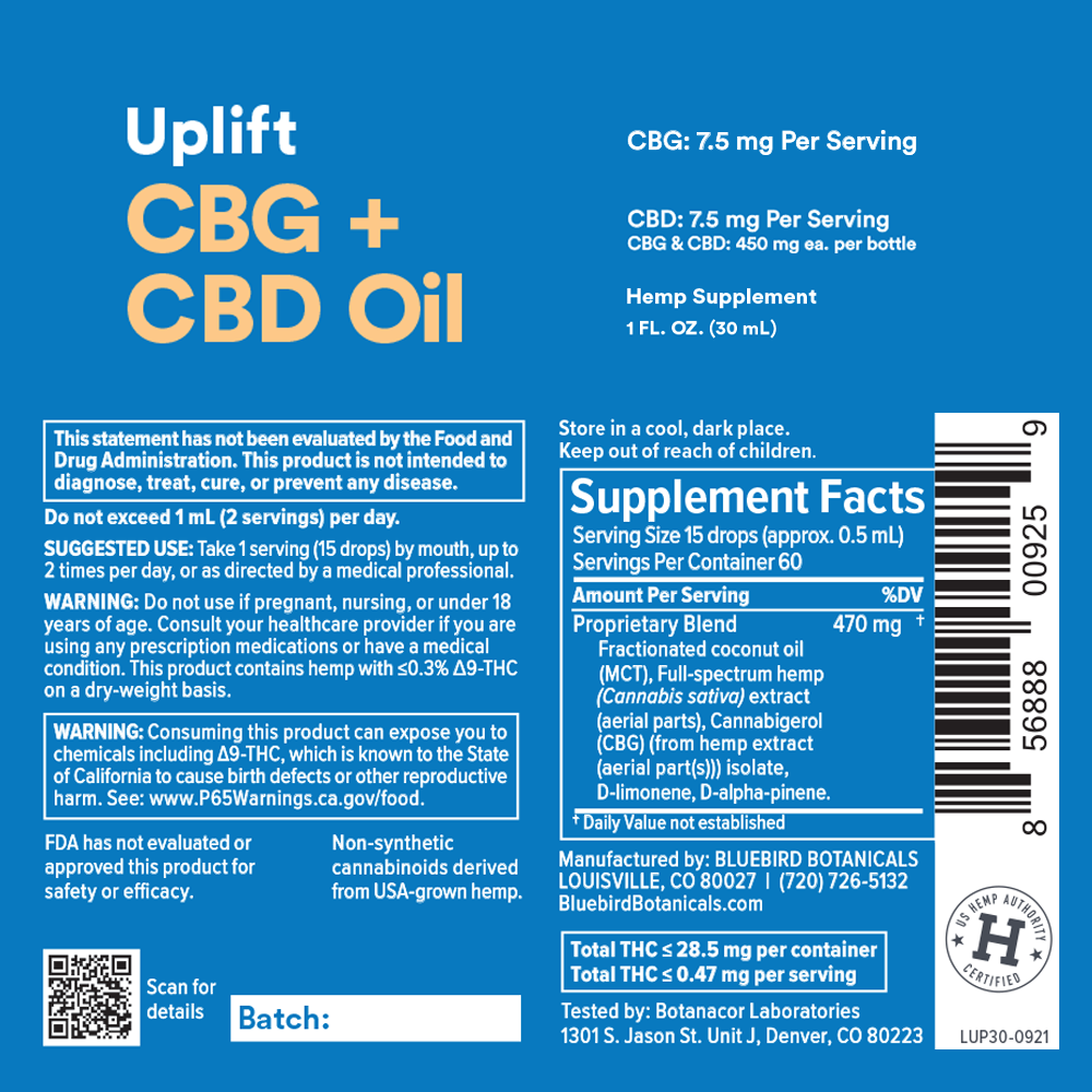 Uplift CBG + CBD Oil Hemp Extract Oil Bluebird Botanicals