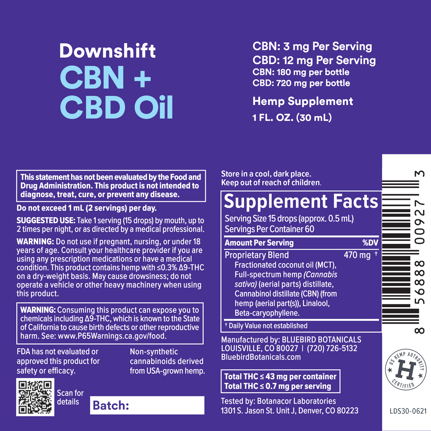 Downshift CBN + CBD Oil Supplement Facts Bluebird Botanicals